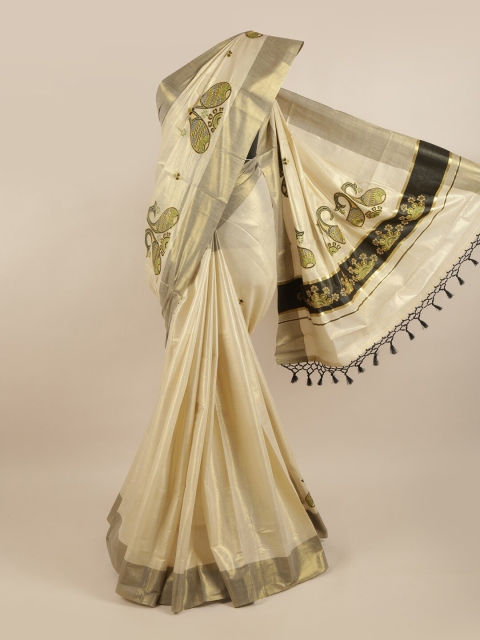 

Pothys Gold-Toned & Green Ethnic Motifs Zari Pure Cotton Kasavu Saree