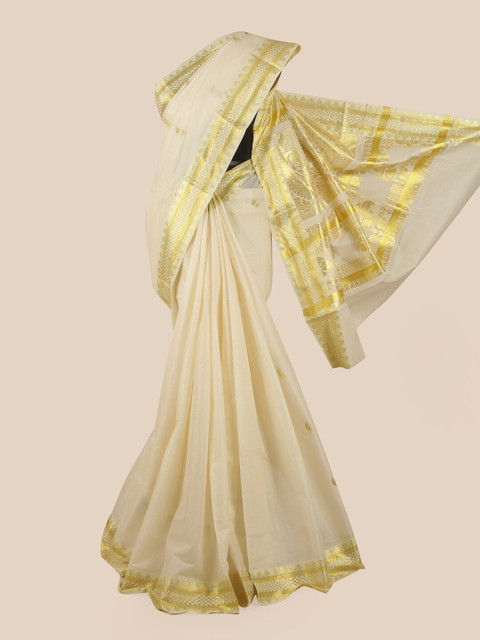 

Pothys Off White & Gold-Coloured Ethnic Motifs Zari Pure Cotton Kasavu Saree
