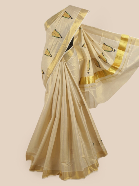 

Pothys Gold-Coloured Ethnic Motifs Embroidered Pure Cotton Kasavu Saree