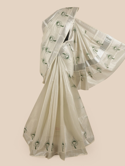 

Pothys Women Silver-Toned & Off-White Pure Cotton Printed Kasavu Saree