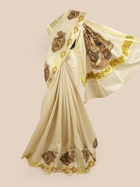 

Pothys Gold-Coloured & Brown Ethnic Motifs Zari Pure Cotton Kasavu Saree