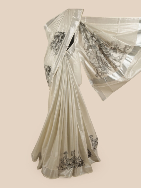 

Pothys Silver & Black Ethnic Motifs Zari Pure Cotton Kasavu Saree