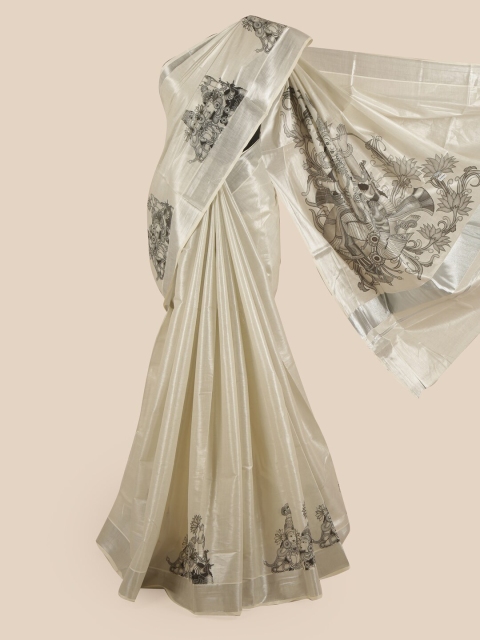 

Pothys Women Silver-Toned & Off White Pure Cotton Embroidered Kasavu Saree