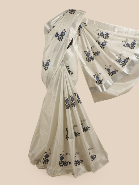 

Pothys Silver-Coloured & Blue Floral Printed Zari Pure Cotton Kasavu Saree