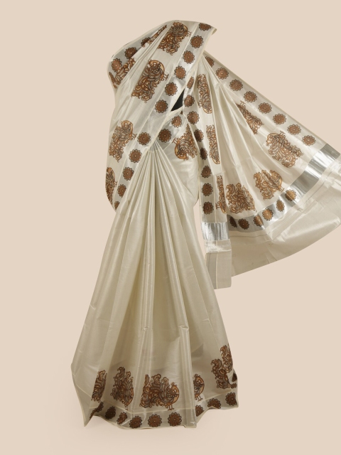 

Pothys Women Silver-Toned Pure Cotton Printed Kasavu Saree