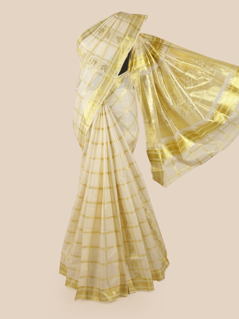 

Pothys Off White & Gold-Toned Ethnic Motifs Zari Pure Cotton Kasavu Saree