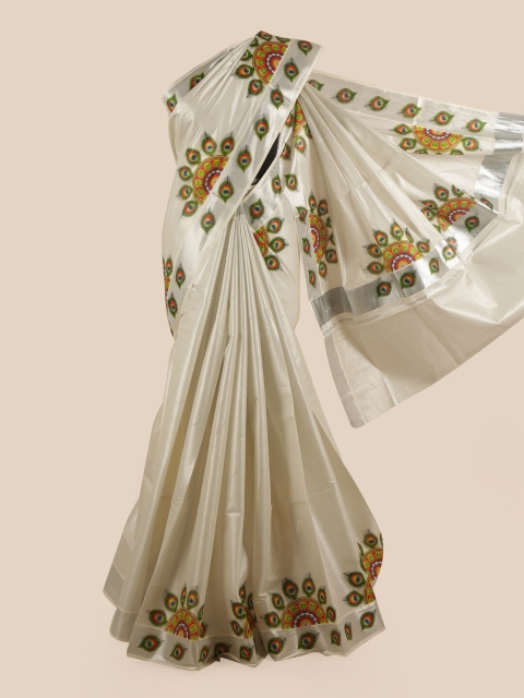 

Pothys Silver & Green Ethnic Motifs Zari Pure Cotton Kasavu Saree