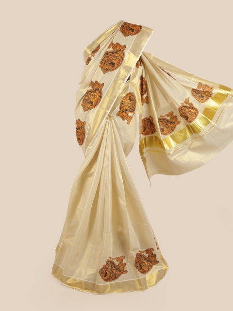 

Pothys Women Gold-Toned Pure Cotton Ethnic Motifs Printed Kasavu Saree