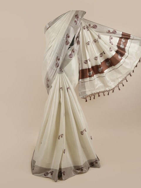 

Pothys Silver-Toned & Brown Ethnic Motifs Zari Pure Cotton Kasavu Saree