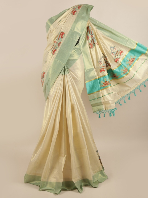 

Pothys Gold-Coloured & Green Ethnic Motifs Embroidered Pure Cotton Kasavu Saree