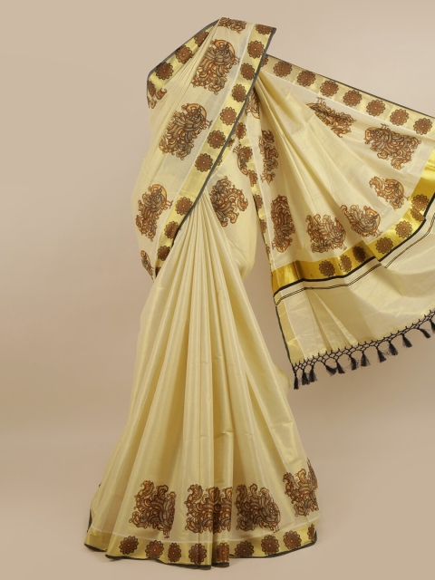 

Pothys Gold-Toned & Brown Ethnic Motifs Zari Pure Cotton Kasavu Saree
