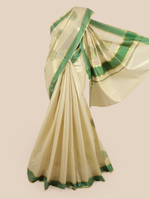 

Pothys Gold-Toned & Green Ethnic Motifs Pure Cotton Kasavu Saree