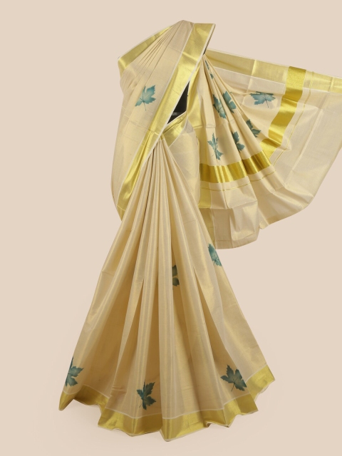 

Pothys Beige & Gold-Coloured Floral Zari Pure Cotton Kasavu Saree