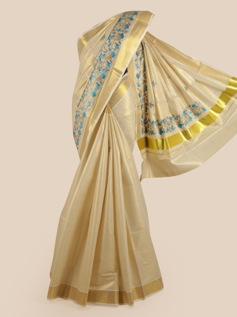 

Pothys Gold & Blue Ethnic Motifs Zari Pure Cotton Kasavu Saree