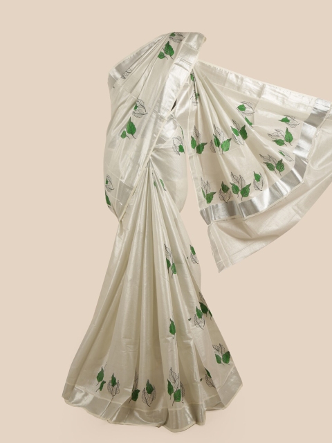 

Pothys Women Silver-Toned & Green Pure Cotton Printed Kasavu Saree