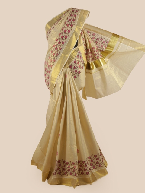 

Pothys Gold-Toned & Maroon Floral Zari Pure Cotton Kasavu Saree