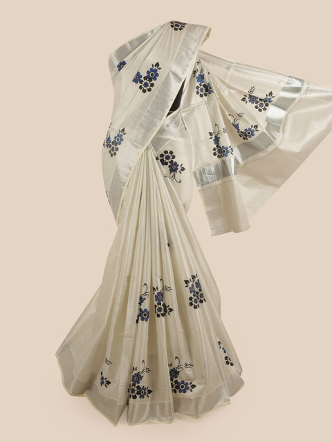 

Pothys Silver-Coloured & Blue Floral Zari Pure Cotton Kasavu Saree