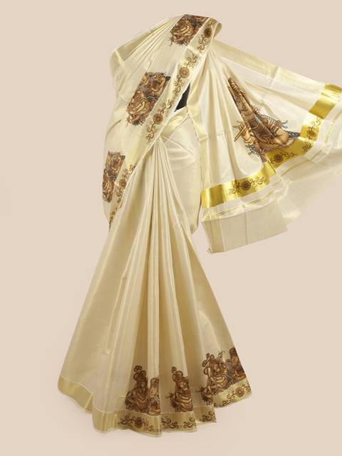 

Pothys Off White & Gold-Coloured Ethnic Motifs Printed Zari Pure Cotton Kasavu Saree