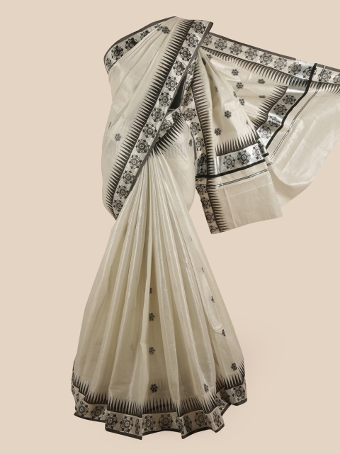

Pothys Silver & Black Ethnic Motifs Pure Cotton Kasavu Saree