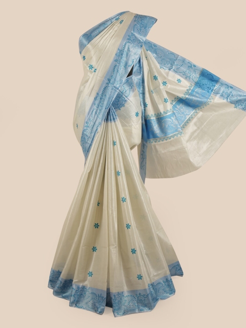

Pothys Silver-Coloured & Blue Floral Printed Pure Cotton Kasavu Saree