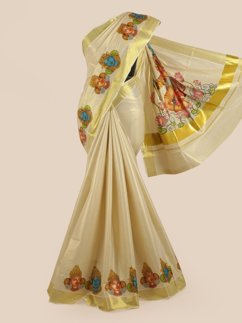 

Pothys Gold-Coloured Ethnic Motifs Printed Zari Pure Cotton Kasavu Saree
