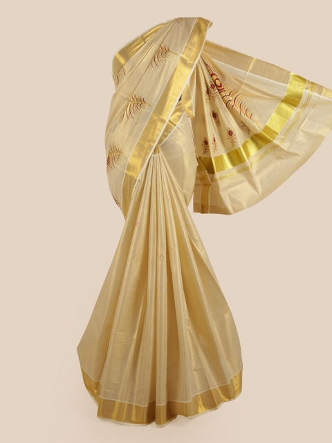 

Pothys Gold-Coloured & Red Ethnic Motifs Embroidered Pure Cotton Kasavu Saree