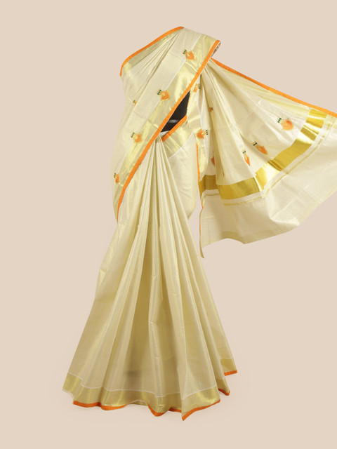 

Pothys Gold & Orange Ethnic Motifs Zari Pure Cotton Kasavu Saree