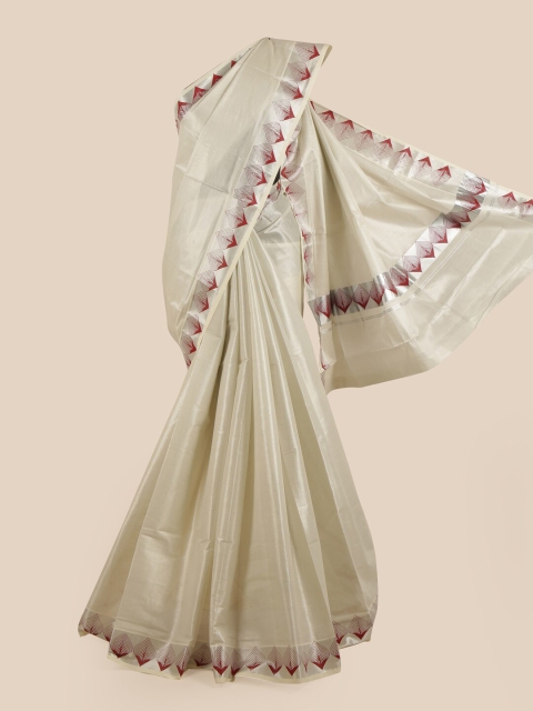 

Pothys Women Silver-Toned & Red Pure Cotton Printed Kasavu Saree