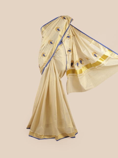 

Pothys Gold-Toned & Blue Zari Pure Cotton Kasavu Saree