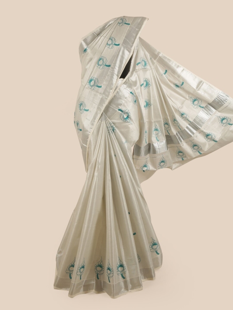 

Pothys Silver-Coloured & Green Floral Zari Pure Cotton Kasavu Saree