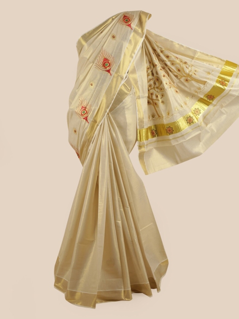 

Pothys Women Gold-Toned & Red Pure Cotton Embroidered Kasavu Saree