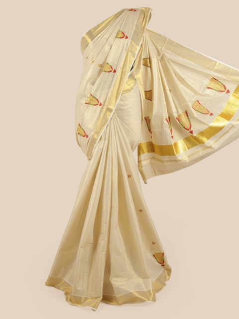 

Pothys Women Gold-Toned Pure Cotton Embroidered Kasavu Saree