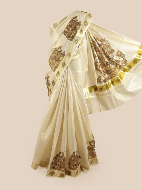 

Pothys Gold-Coloured & Brown Ethnic Motifs Printed Pure Cotton Kasavu Saree