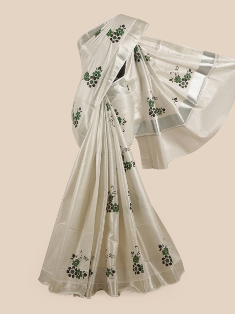 

Pothys Women Silver-Toned & Green Pure Cotton Printed Kasavu Saree