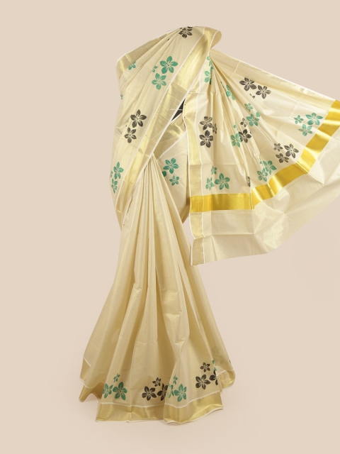 

Pothys Gold-Toned & Green Floral Zari Pure Cotton Kasavu Saree