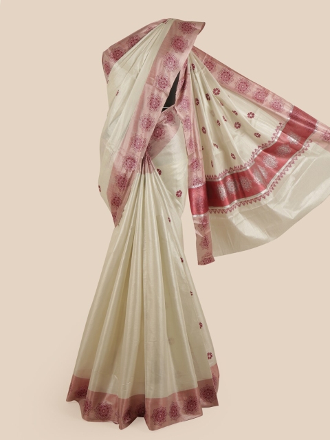 

Pothys Silver-Toned & Red Pure Cotton Kasavu Saree