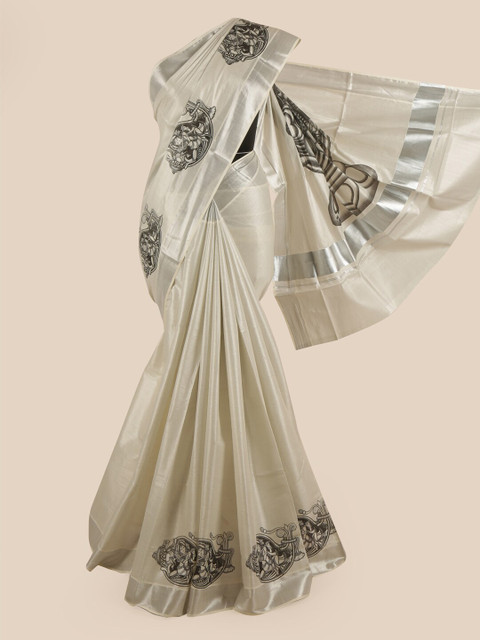 

Pothys Silver-Coloured & Black Ethnic Motifs Zari Pure Cotton Kasavu Saree