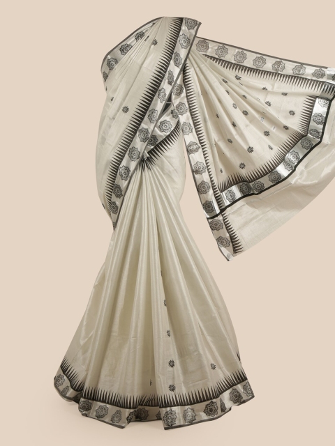 

Pothys Silver-Toned & Black Ethnic Motifs Pure Cotton Kasavu Saree