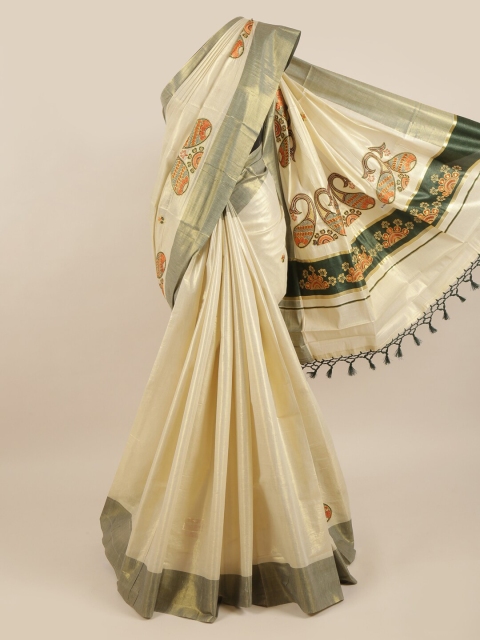 

Pothys Off White & Gold-Coloured Paisley Embroidered Pure Cotton Kasavu Saree