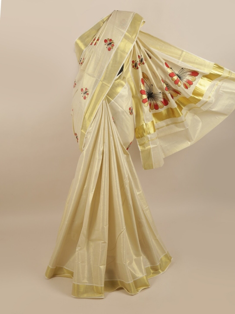 

Pothys Women Gold-Toned & Red Pure Cotton Printed Kasavu Saree