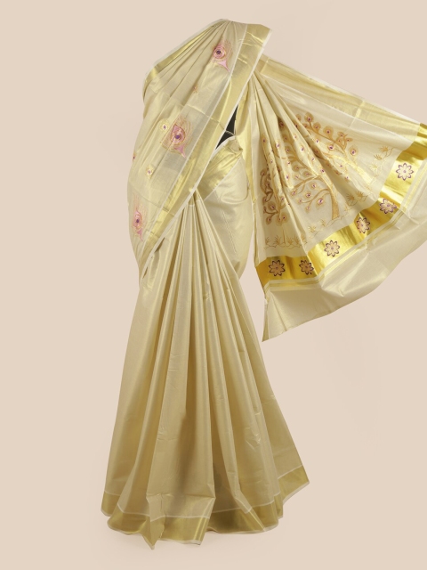 

Pothys Gold-Toned & Pink Floral Zari Pure Cotton Kasavu Saree