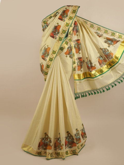 

Pothys Gold-Coloured & Green Ethnic Motifs Zari Pure Cotton Kasavu Saree