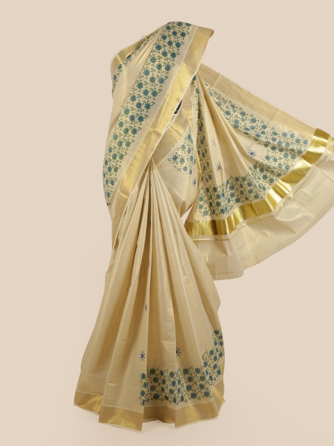 

Pothys Gold-Coloured & Blue Floral Printed Pure Cotton Kasavu Saree