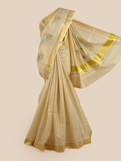 

Pothys Women Gold-Toned & Blue Pure Cotton Embroidered Kasavu Saree