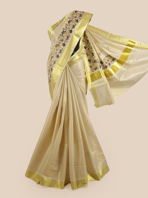 

Pothys Gold-Toned & Black Floral Zari Pure Cotton Kasavu Saree