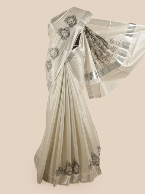 

Pothys Silver-Coloured & Black Ethnic Motifs Zari Pure Cotton Kasavu Saree