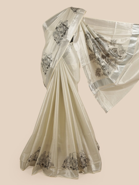 

Pothys Silver & Black Ethnic Motifs Printed Pure Cotton Kasavu Saree