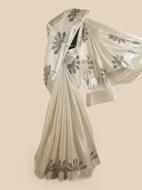 

Pothys Women Silver-Toned Pure Cotton Printed Kasavu Saree