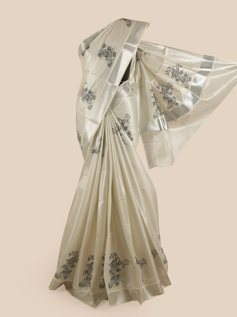 

Pothys Silver-Toned & Black Floral Zari Pure Cotton Kasavu Saree