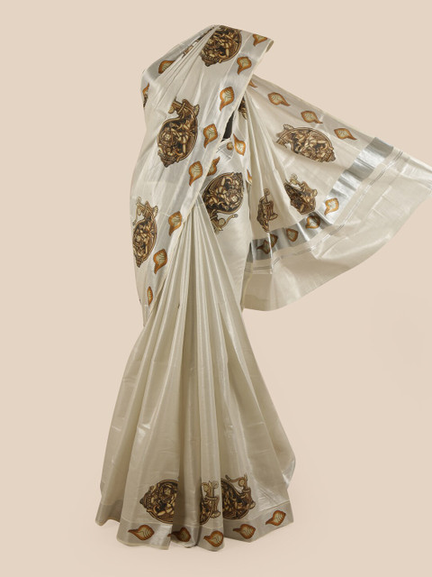 

Pothys Silver-Coloured & Brown Ethnic Motifs Pure Cotton Kasavu Saree